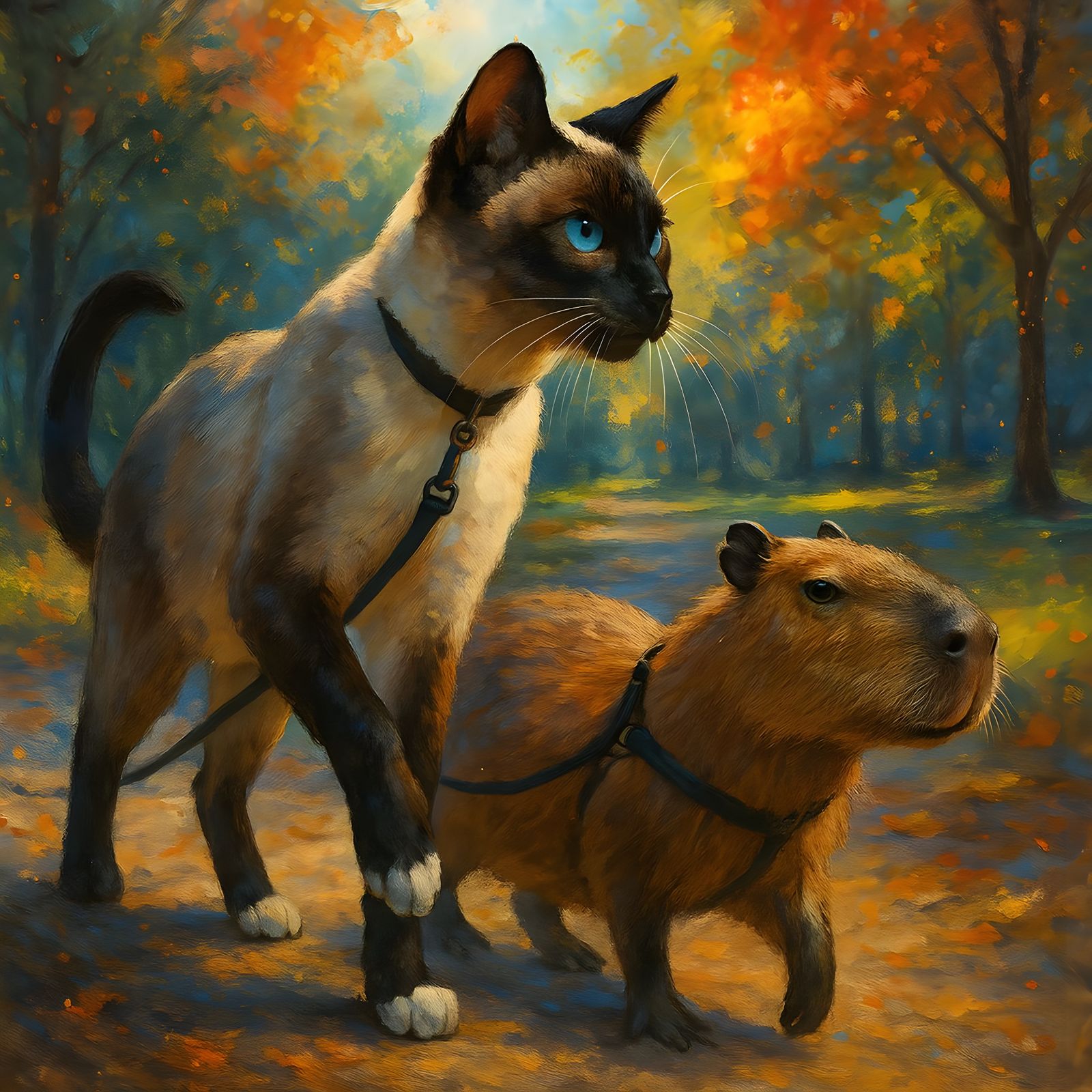 Siamese Cat Walks Capybara: Hyperrealistic Splash Art
