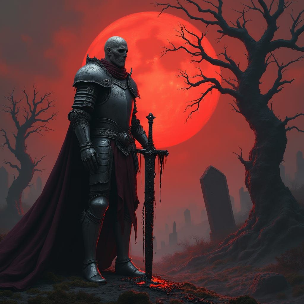 Battle-Scarred Knight Against Blood-Red Sunset