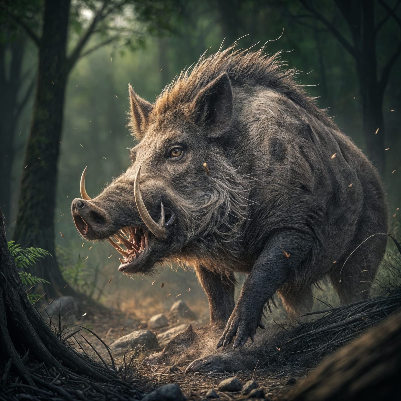 Fearsome Wild Boar in Dark Forest, Cinematic Still