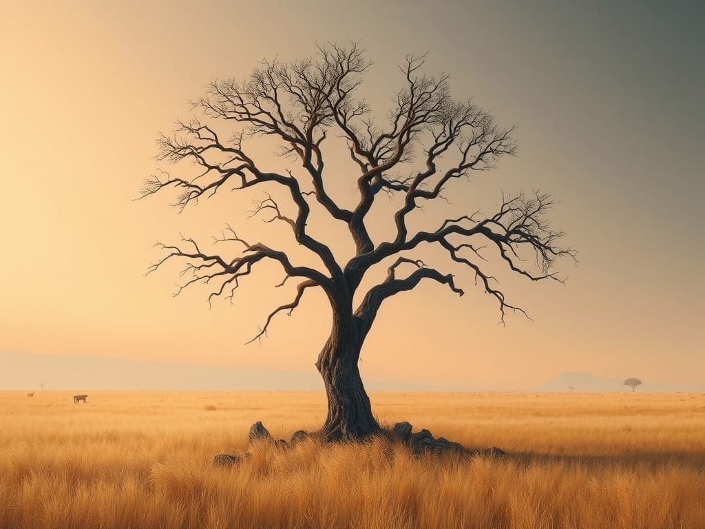 Isolated Tree in Savannah Landscape Painting