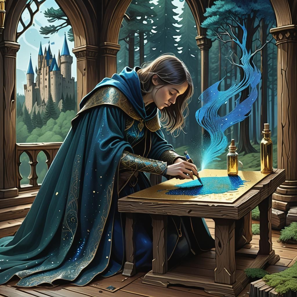 Woman Etching Castle Landscape with Blue Ink