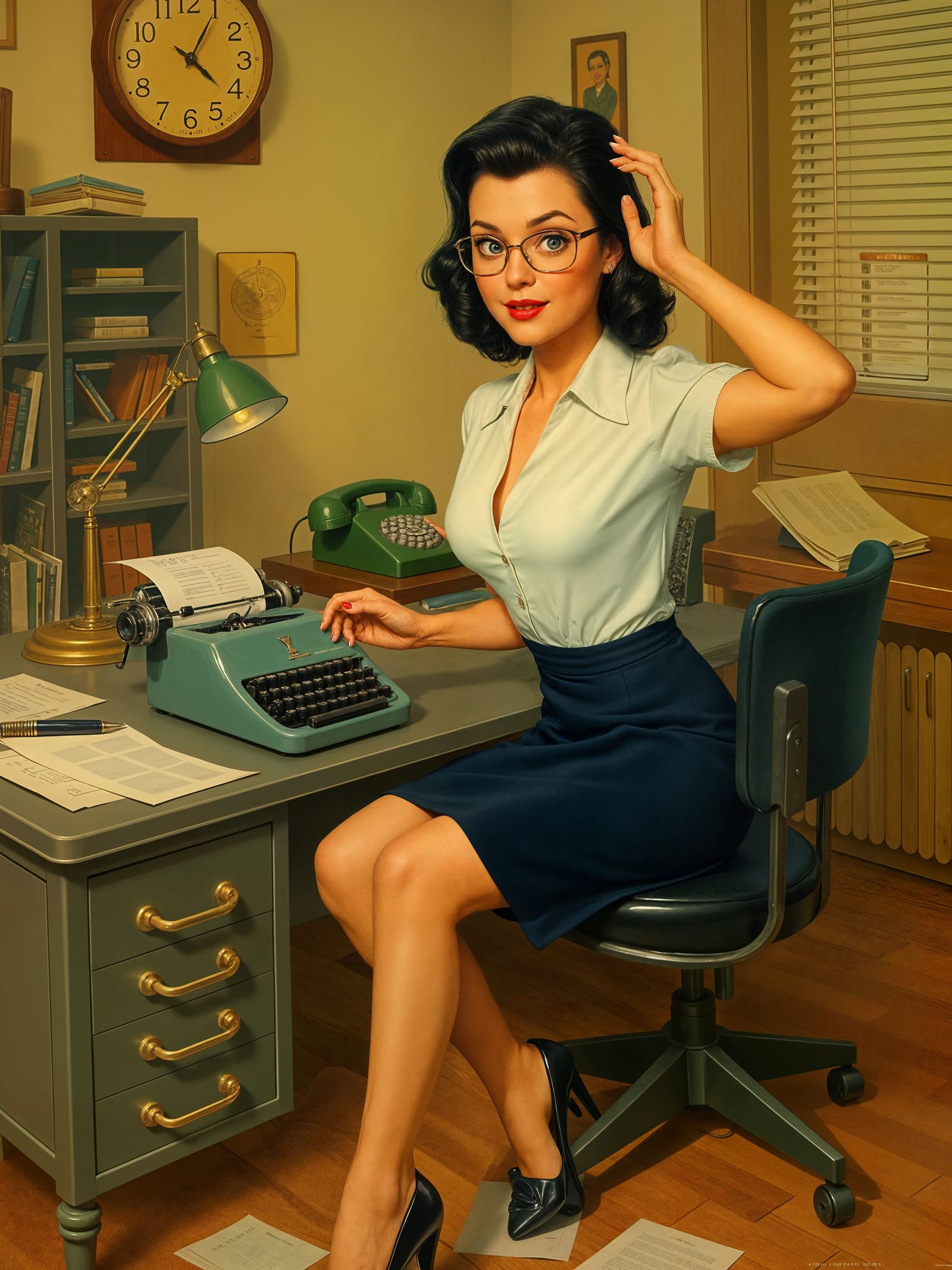 Playful 1950s Secretary at Vintage Desk