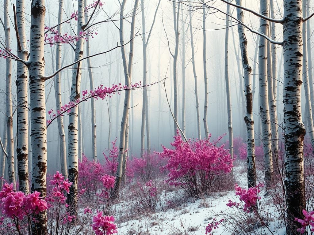 Surreal Birch Forest with Pink Blossoms in Soft Focus