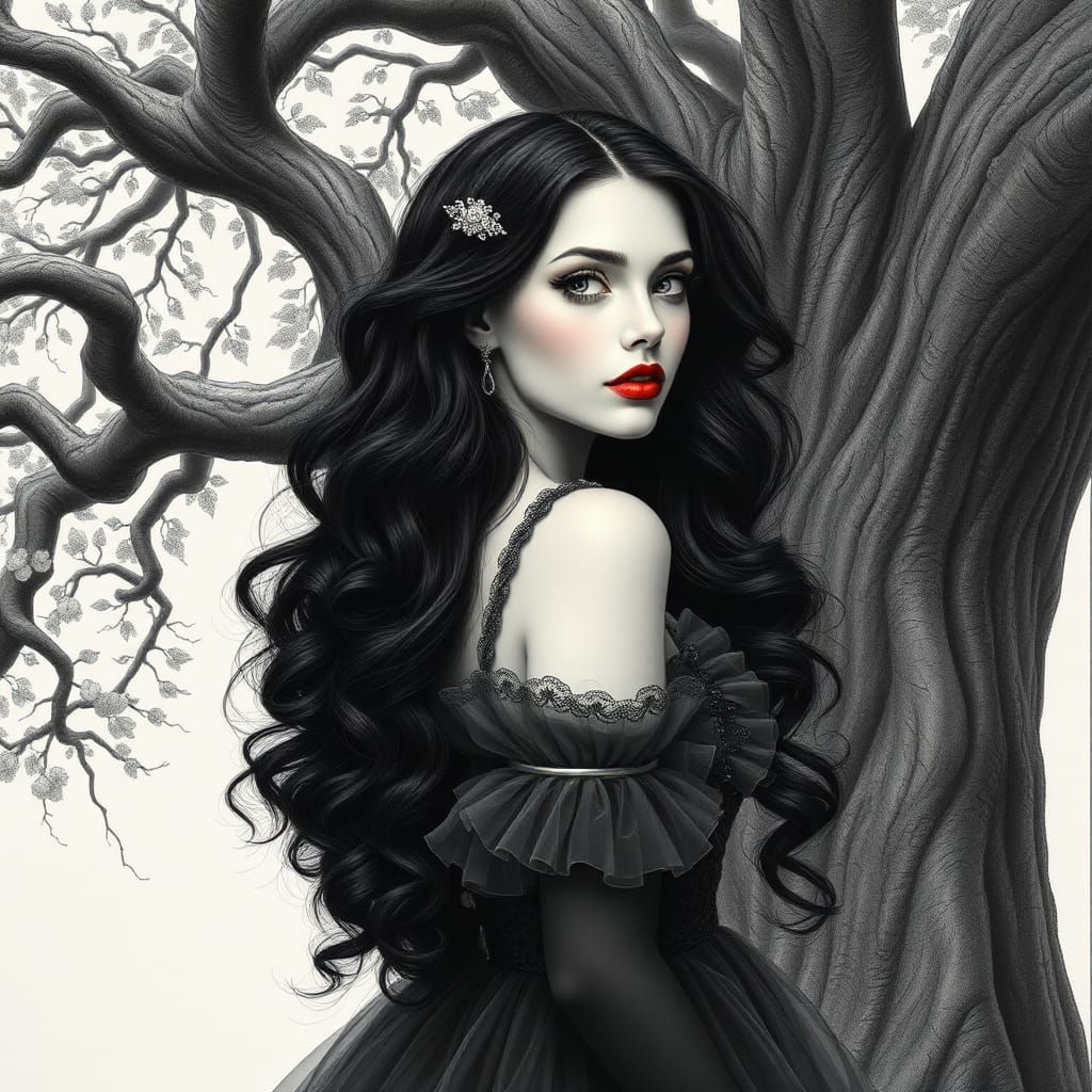 Woman with Red Lips in Detailed Charcoal Drawing