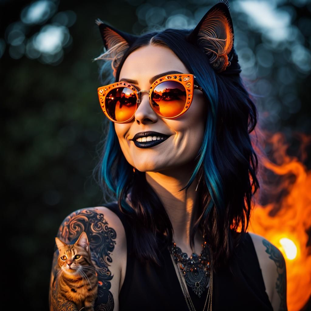 Smiling Gothic Cat Girl with Fireflies in Psychedelic Art