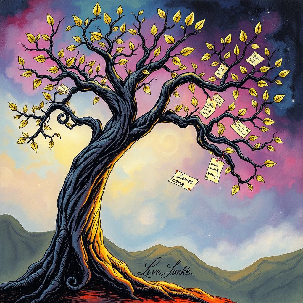 Mystical Tree with Love Letters in Van Gogh Style