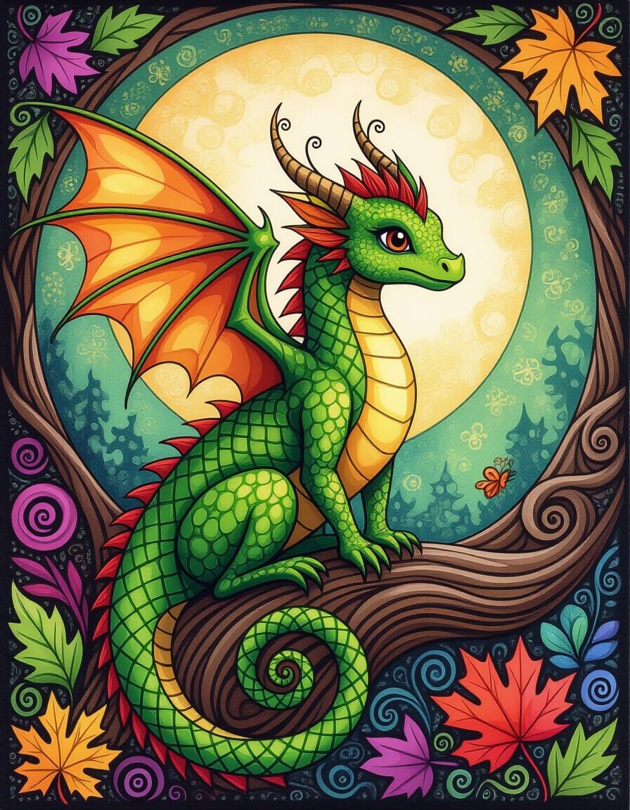 Autumn Equinox Fairy Dragon in Decoupage Style