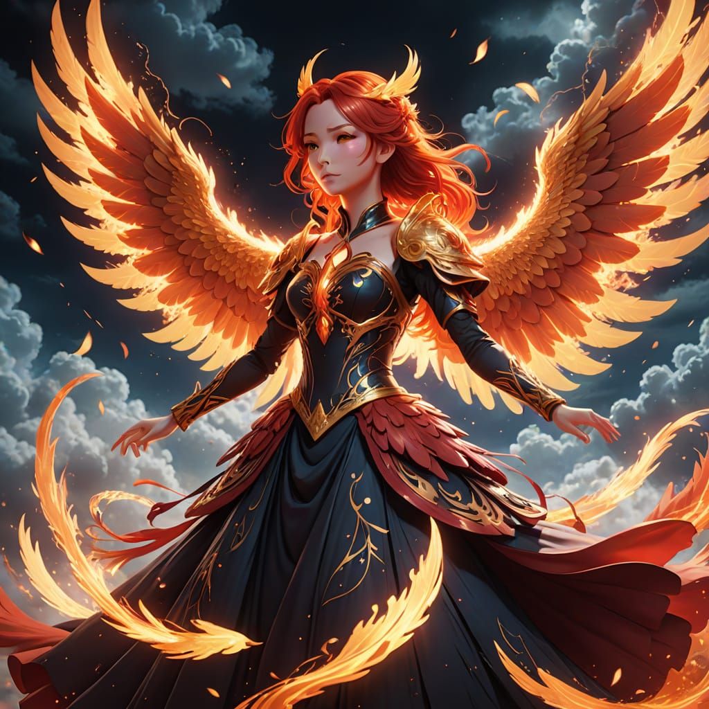 Anime Phoenix Girl Dancing in Mystical Light