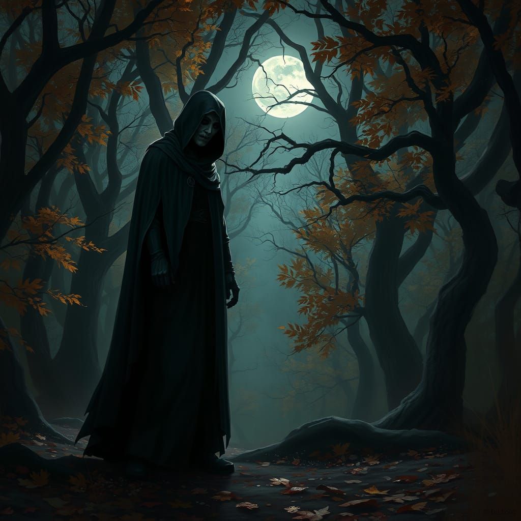 Mysterious Figure in Moonlit Autumn Forest