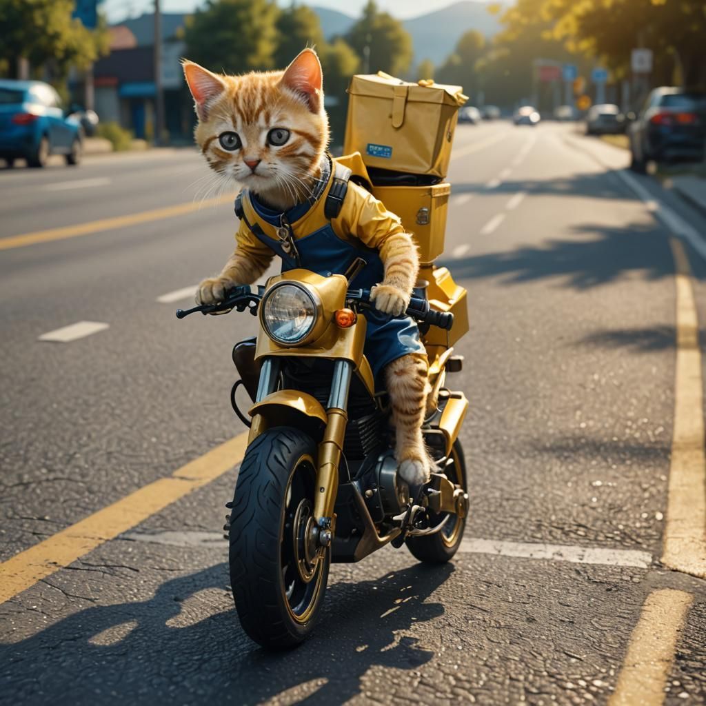 Kitten Delivery Rider in Hyper-Realistic Digital Art