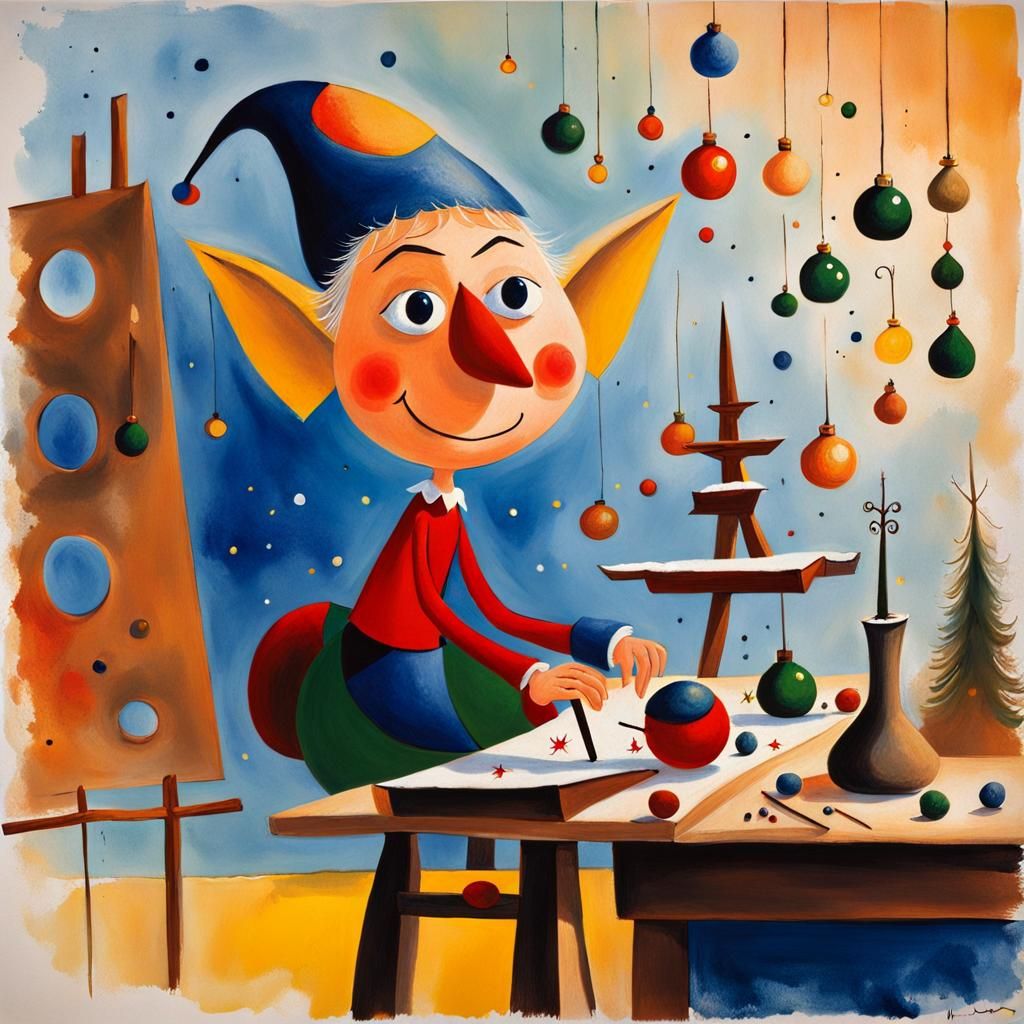 Cute Elf in Christmas Workshop: Naive Art