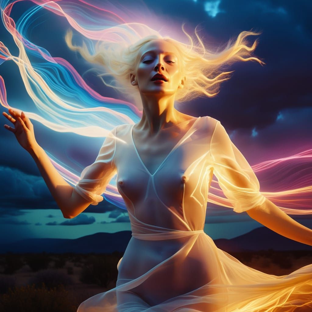 Ethereal Albino Dancer in Luminous Laser Light