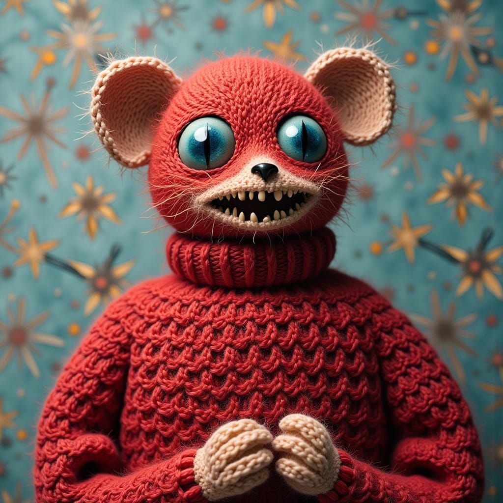 Yarn monster knitting a sweater, pop surrealism <lora:Randomness:1.0>