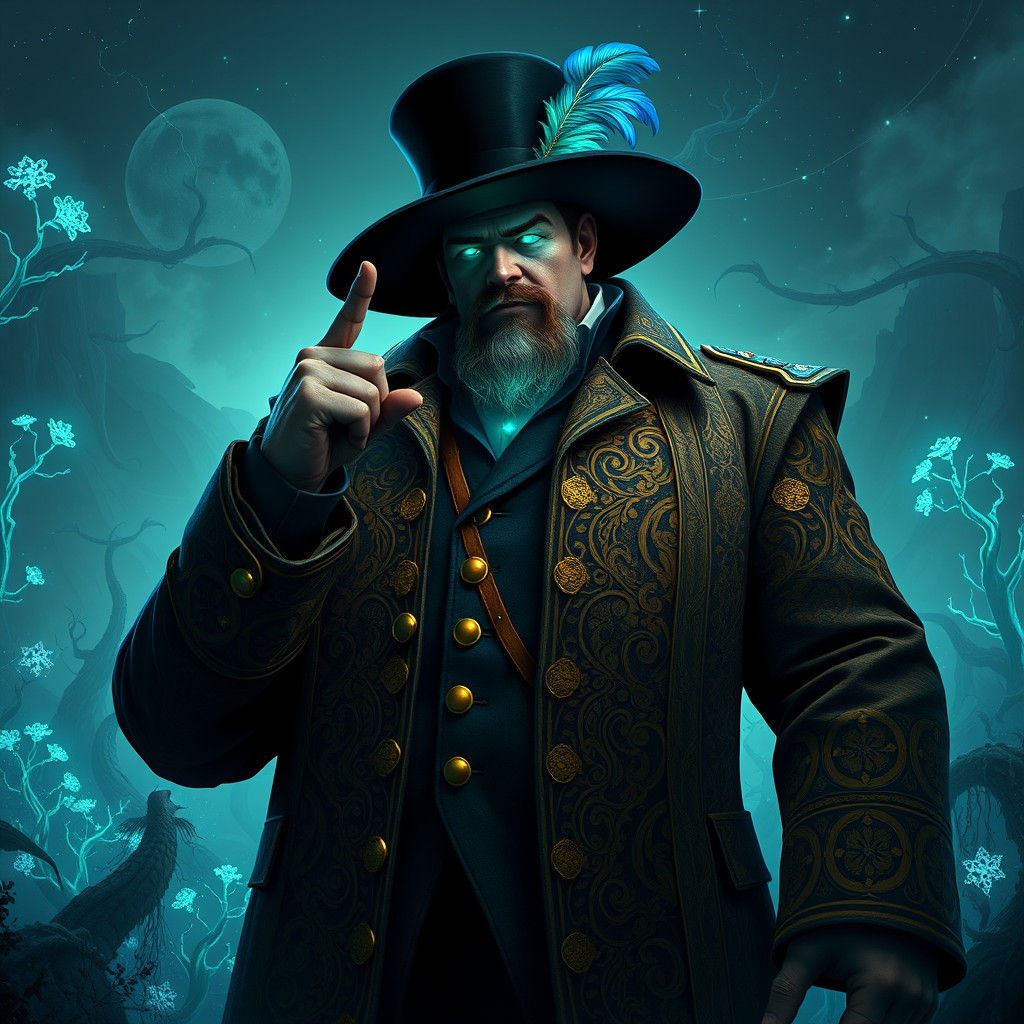 Colossal Figure in Baroque Coat Amidst Bioluminescent Flora