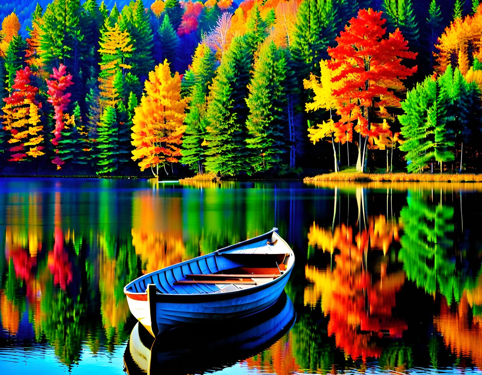 Rowboat on Calm Lake Surrounded by Autumn Beauty