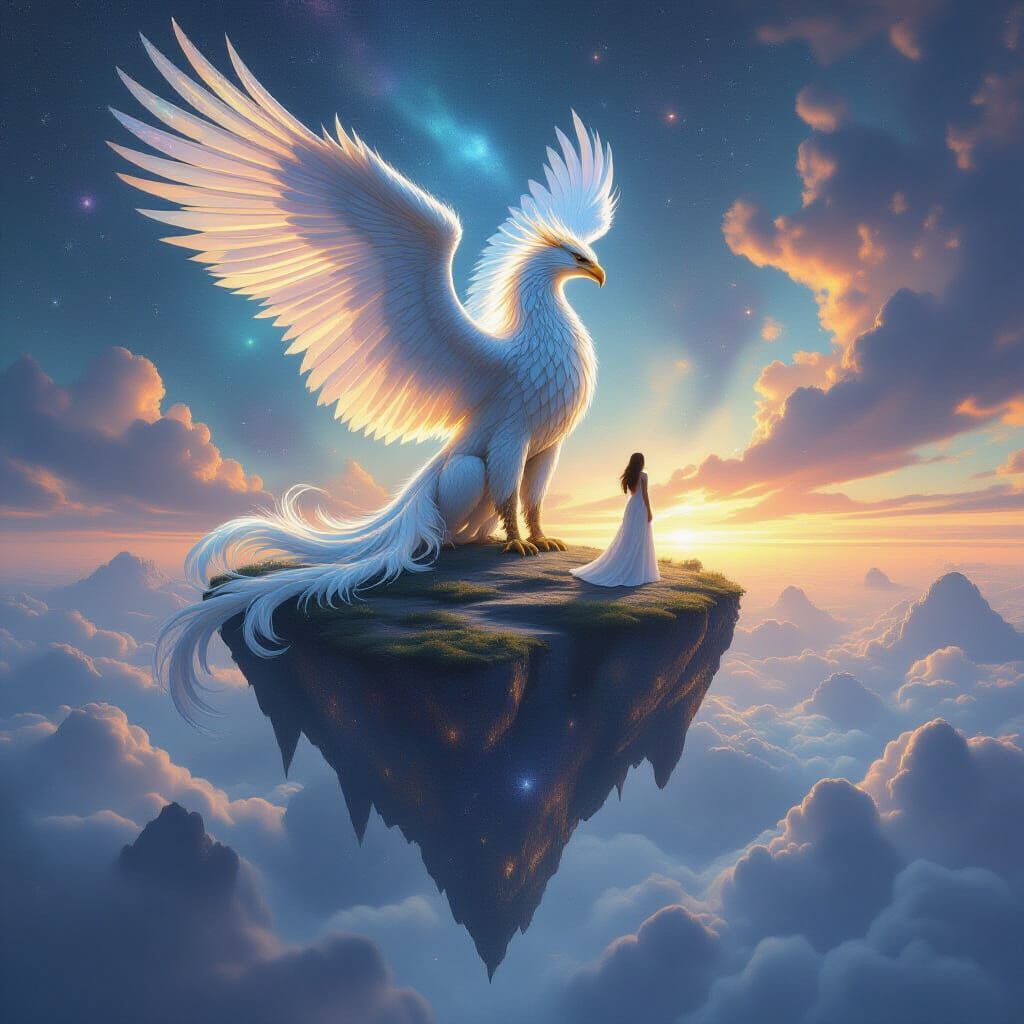 Woman on Griffin Above Nebula in Cosmic Landscape