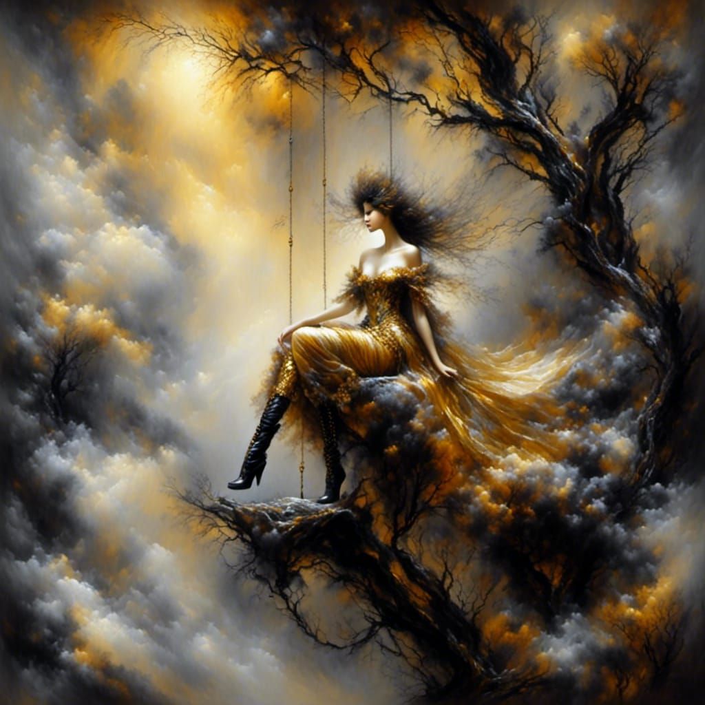 Beautiful Woman on Rope Swing in Abstract Portrait