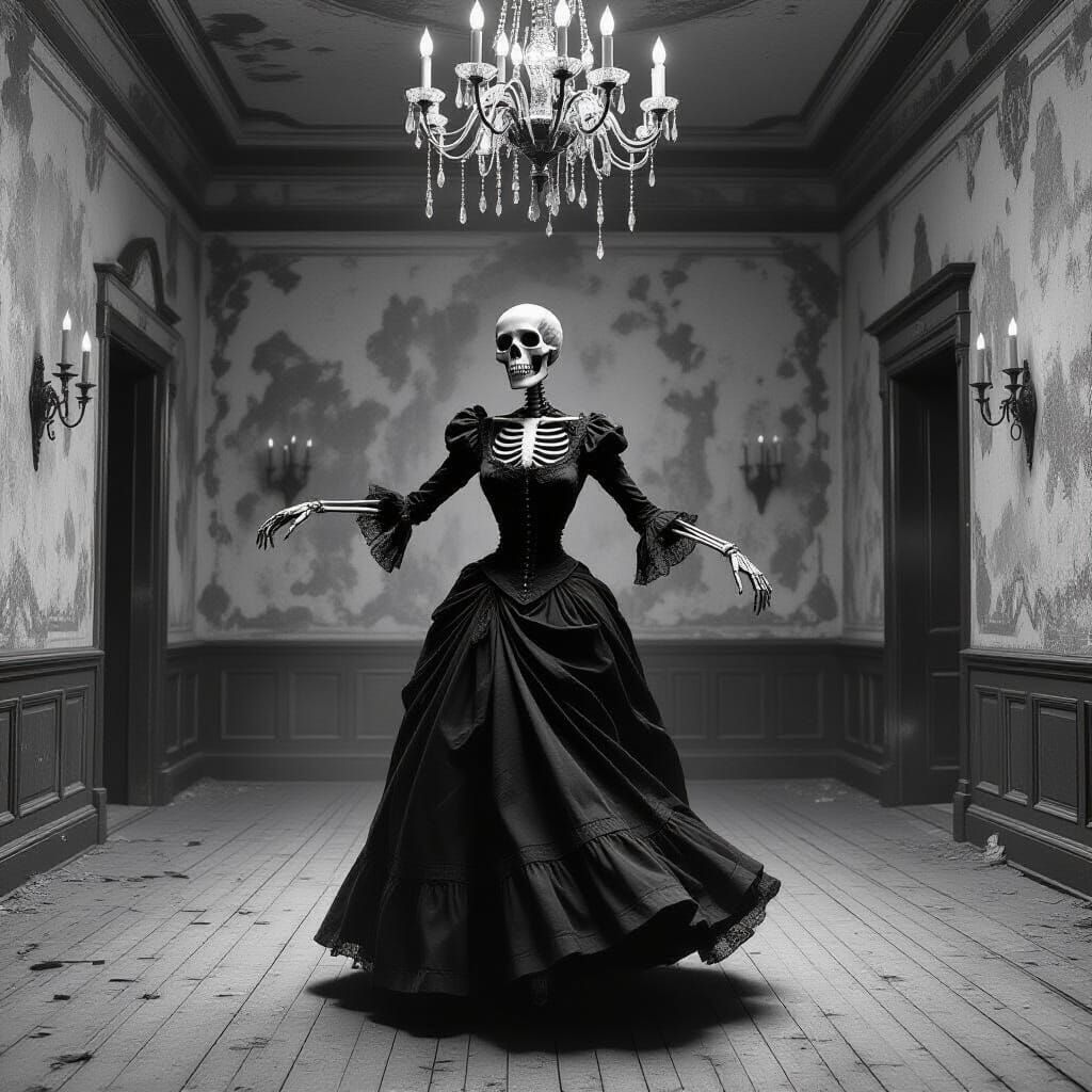 Macabre Waltz: Skeleton in Decaying Ballroom, Charcoal Drawi...