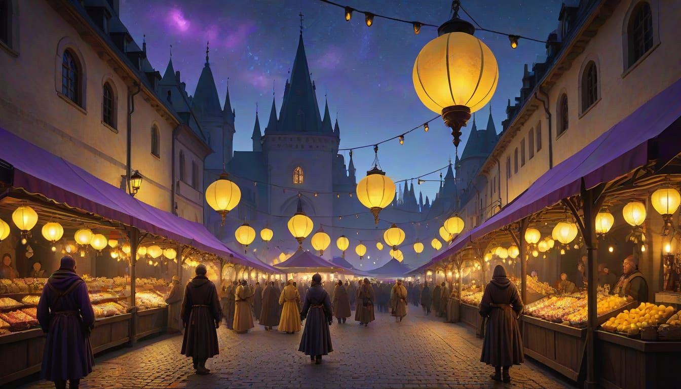 Medieval Night Market Scene in Dark Fantasy Style