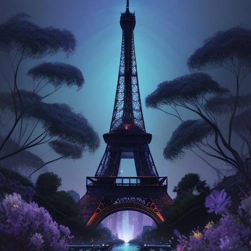 Eiffel Tower in Glowing Fantasy Art Nouveau Style