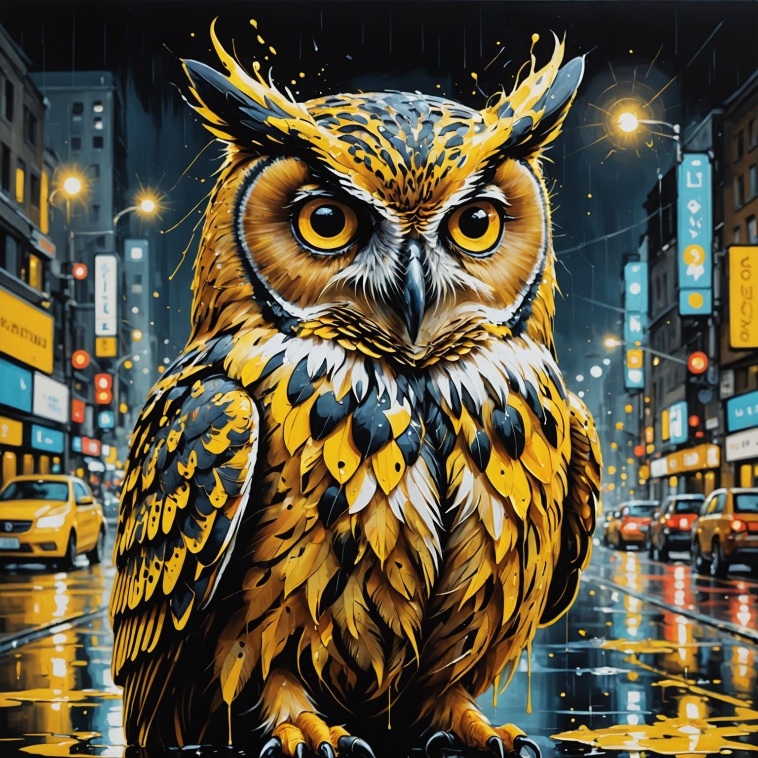 Liquid Owl Illustration with Night City Background