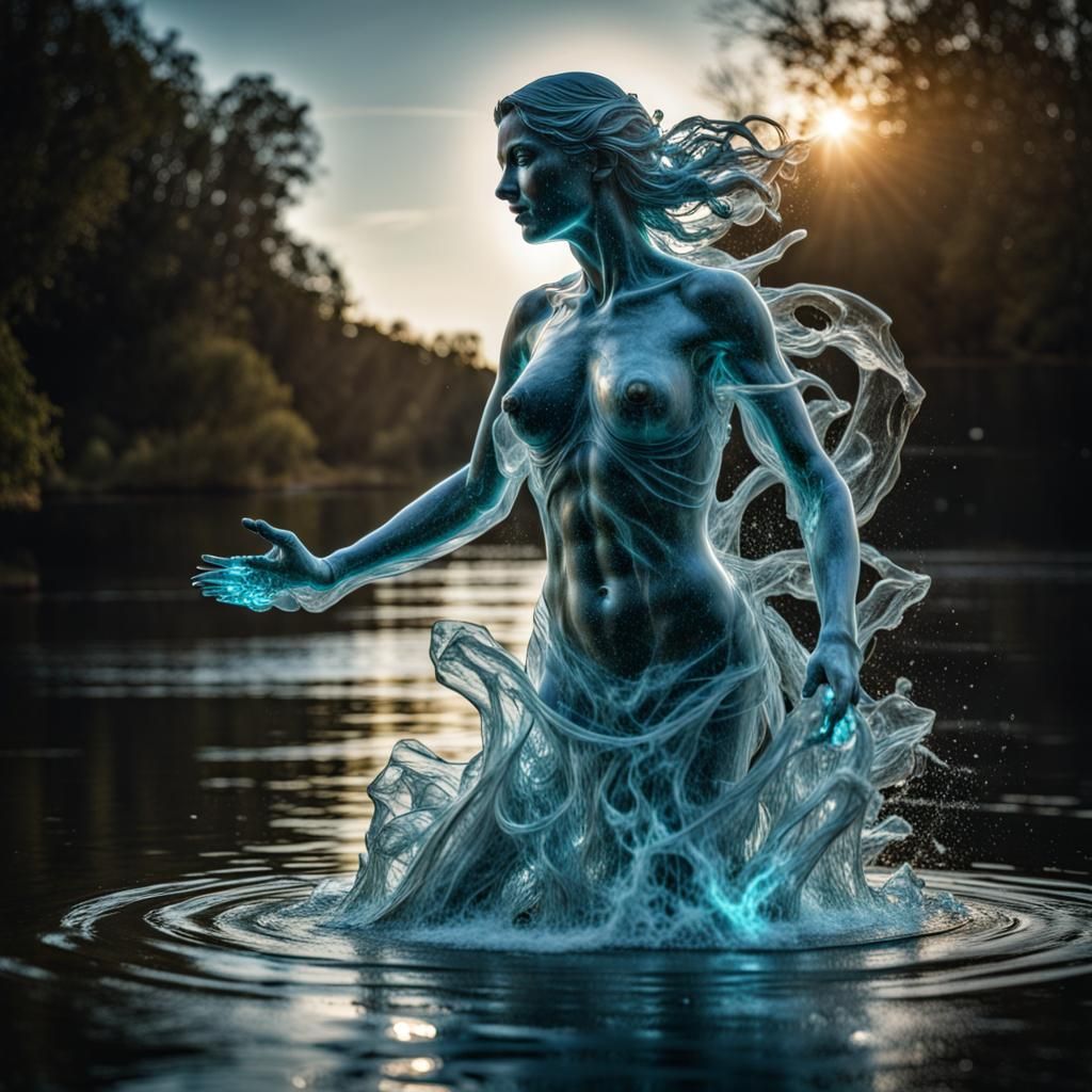 Bioluminescent Woman Statue Rising from River