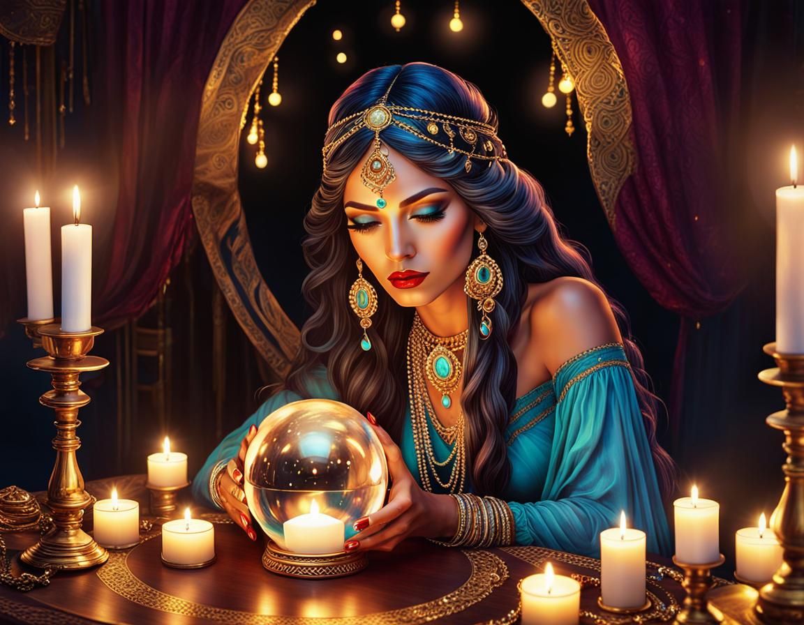 Fortune Teller with Crystal Ball by Candlelight