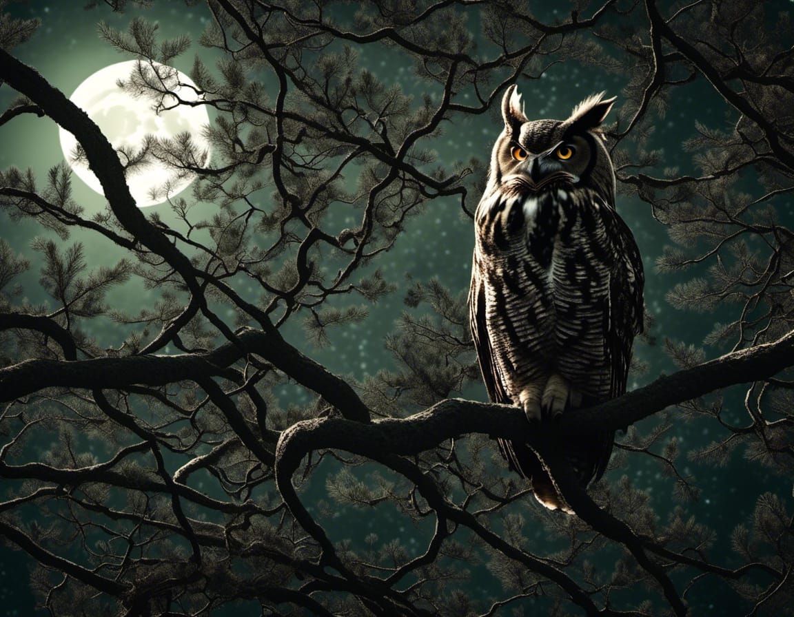 Great Horned Owl Silhouette in Dark Pine Forest
