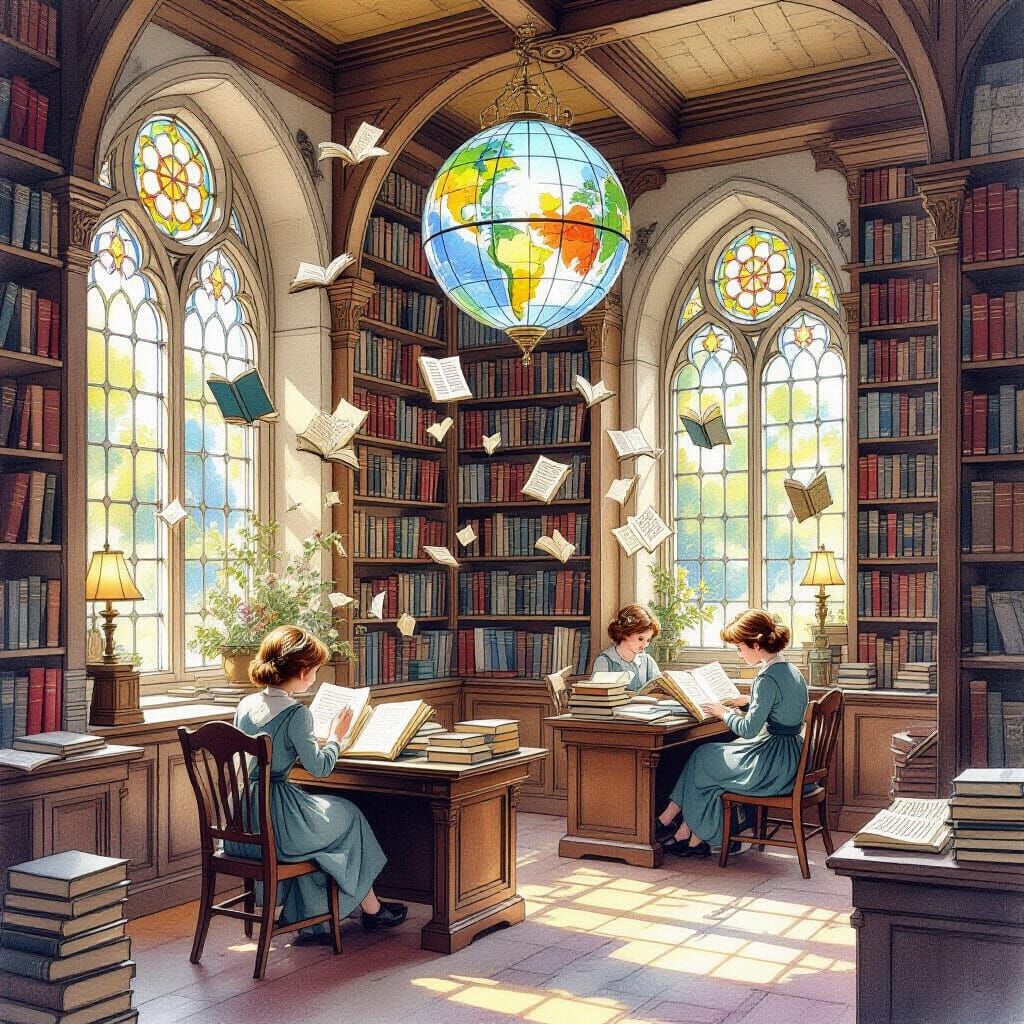 Magical Library with Animated Books in Watercolor Style