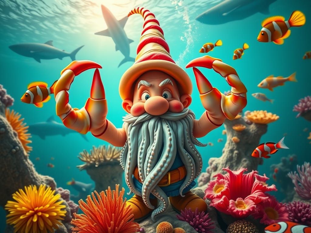Surreal Gnome with Crab Claws in Coral Reef