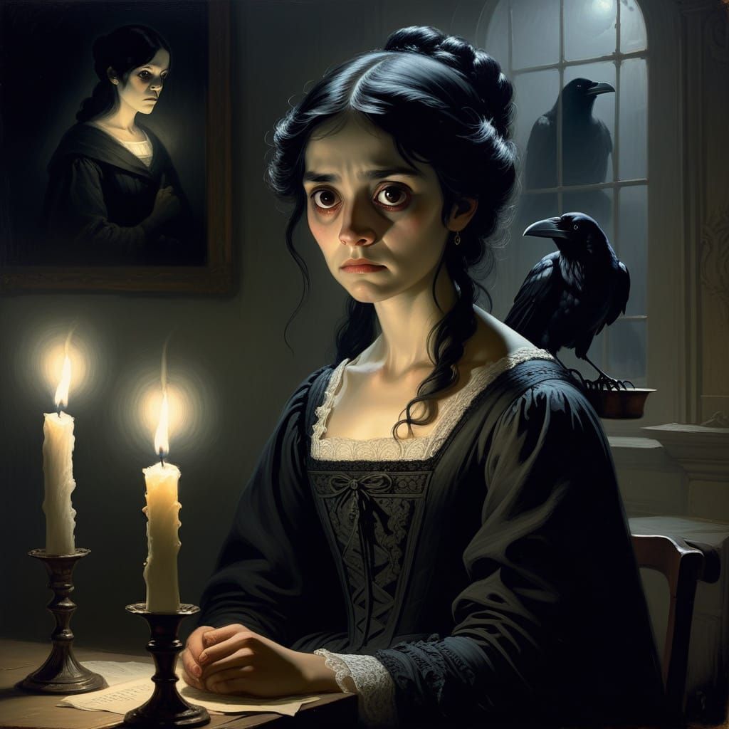 Mysterious Raven-Haired Woman in Eerie Candlelit Portrait