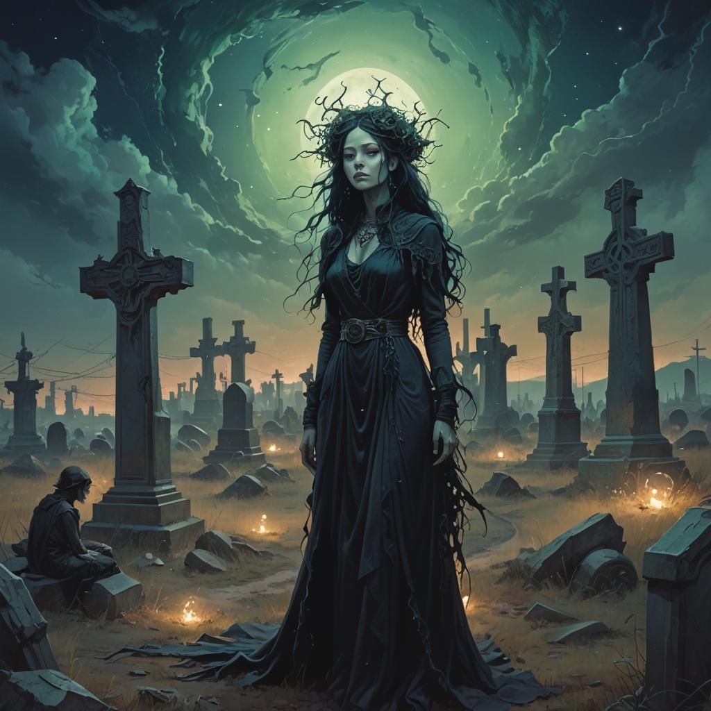Eldritch Priestess in Apocalyptic Graveyard