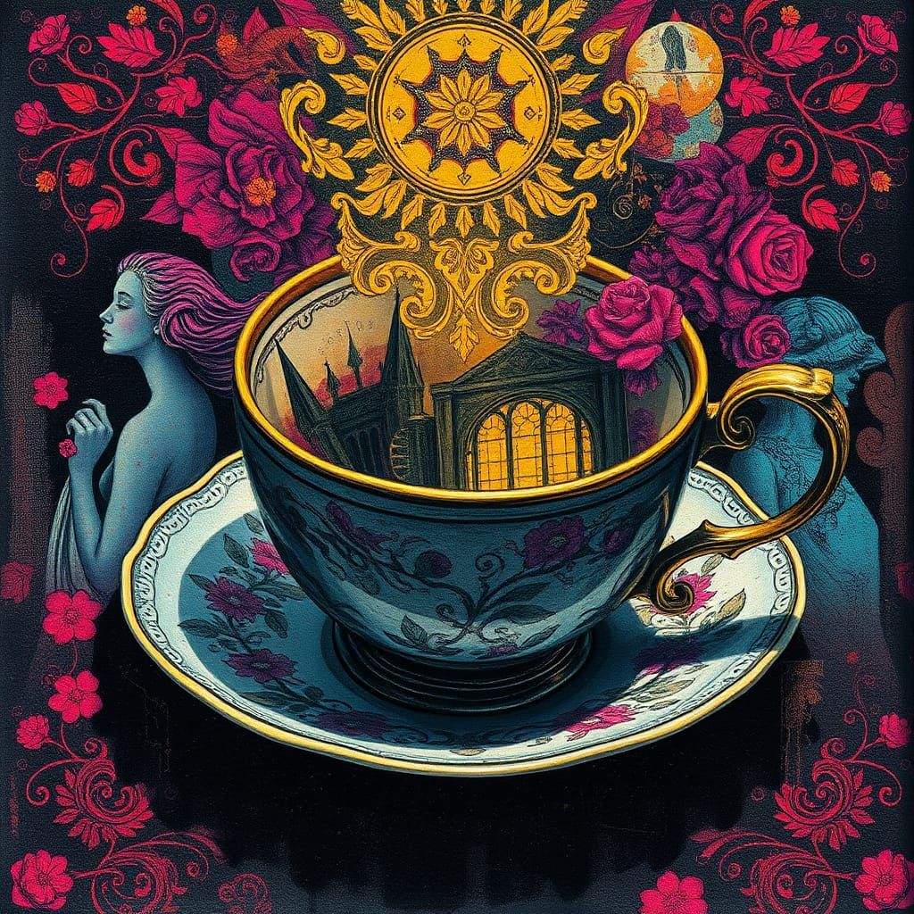 Surreal Teacup Etching in Marionne Colors