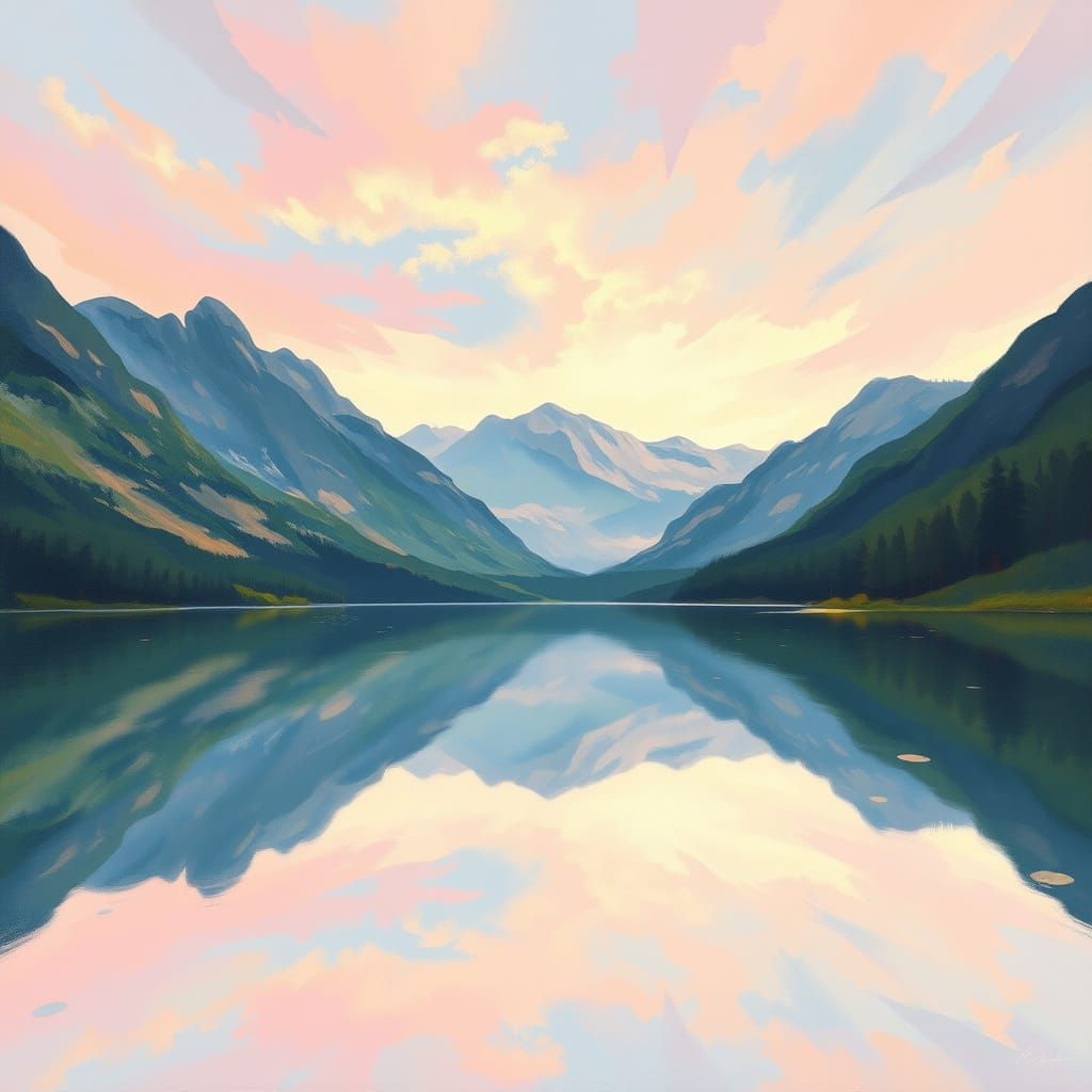 Tranquil Lake Reflecting Mountains in Pastel Sky