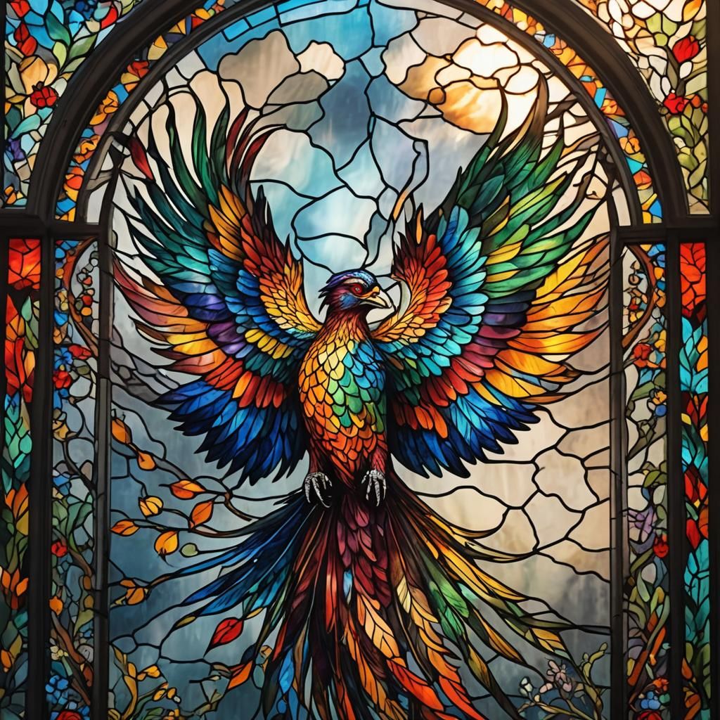 Rainbow Phoenix in Stained Glass Style