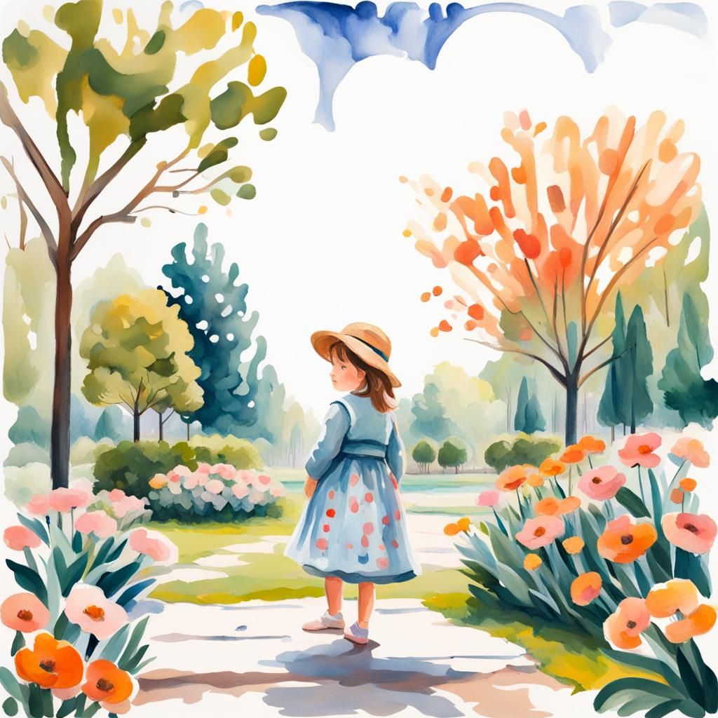 Girl in Cozy Park Sticker in Gouache Style