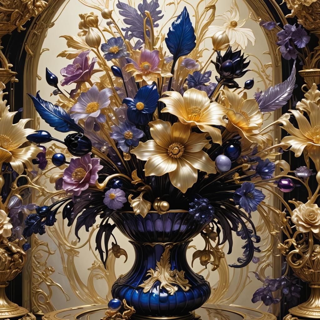 Glass Flowers in Golden Vase: Anime-Inspired Art