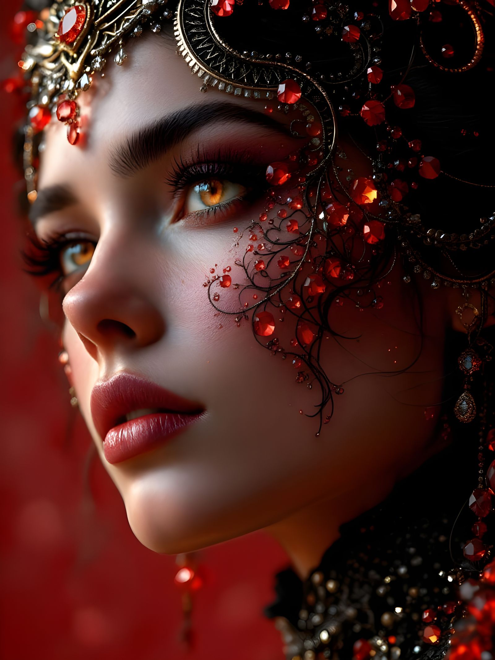 Glamorous Edwardian Woman in Ruby Hues, Hyperrealistic Portr...