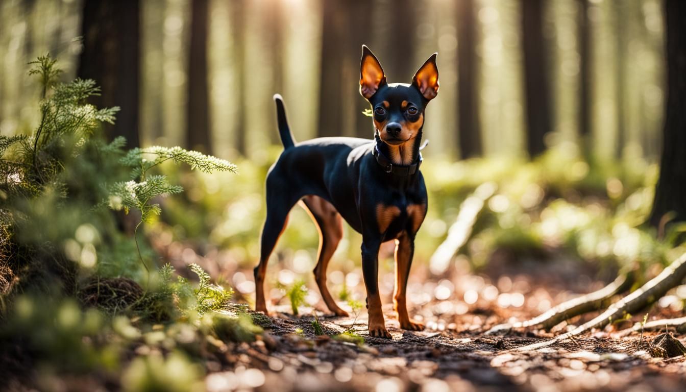 Miniature Pinscher in Sunny Forest