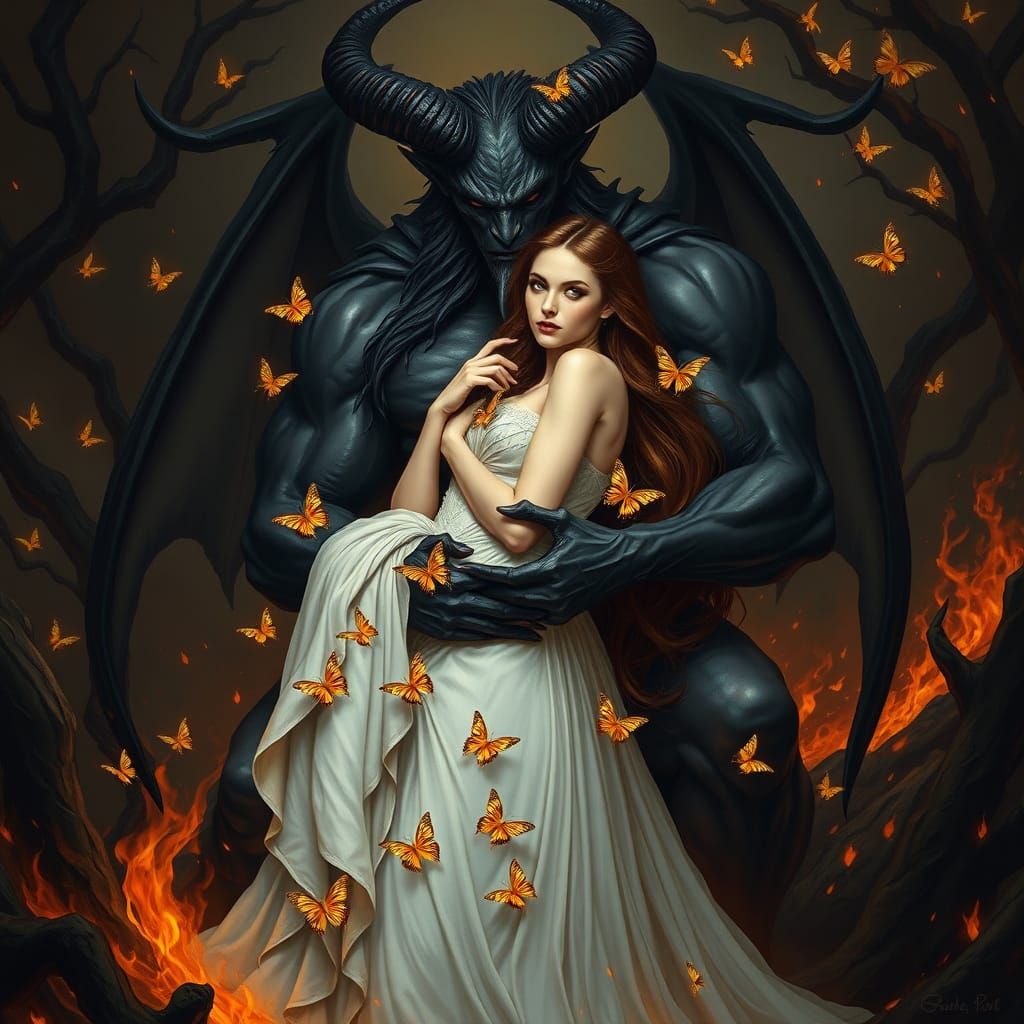 Dark Demon Protects Enchanting Woman in Fiery Underworld