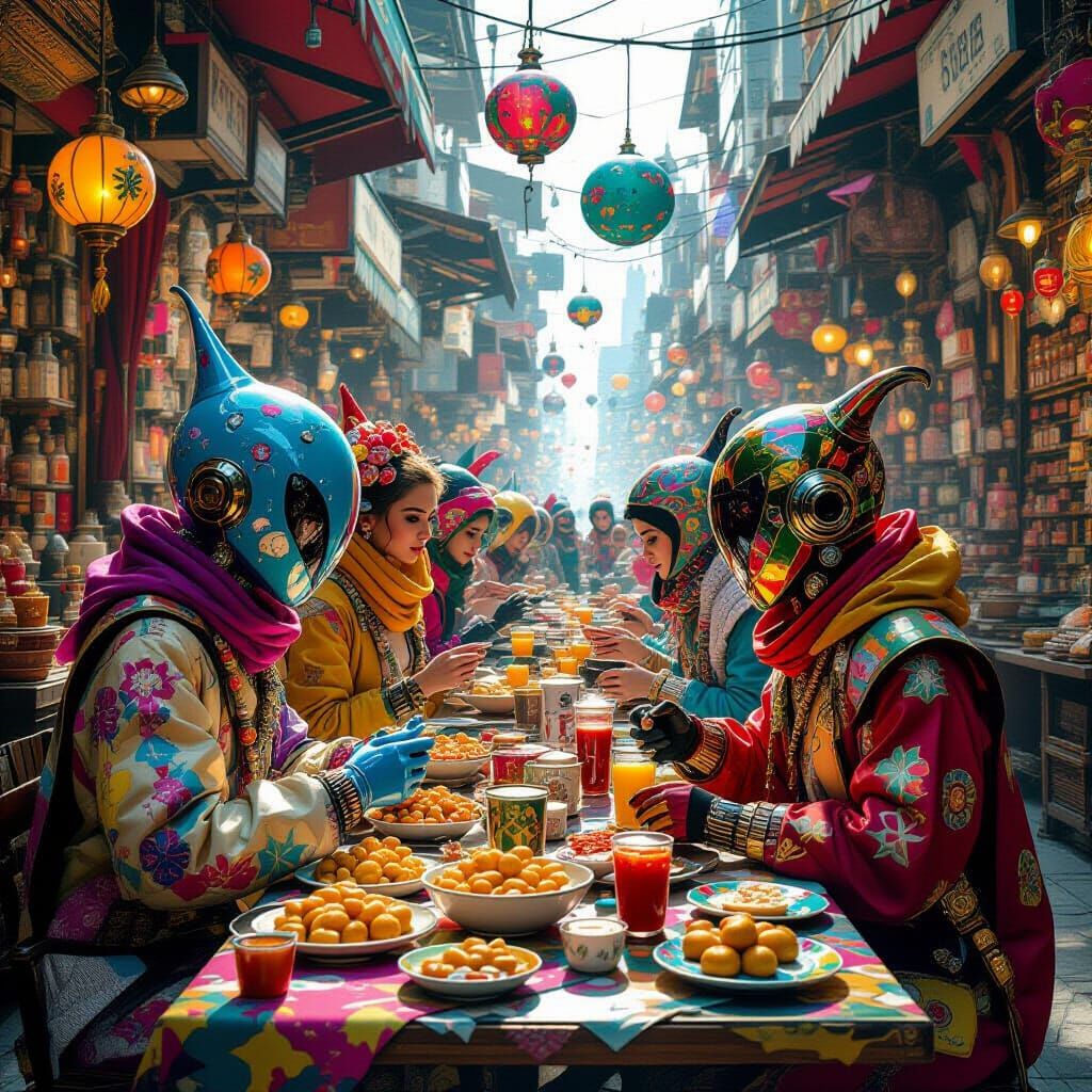 Intergalactic Shoppers in Alien Market: Hyperrealistic Fanta...