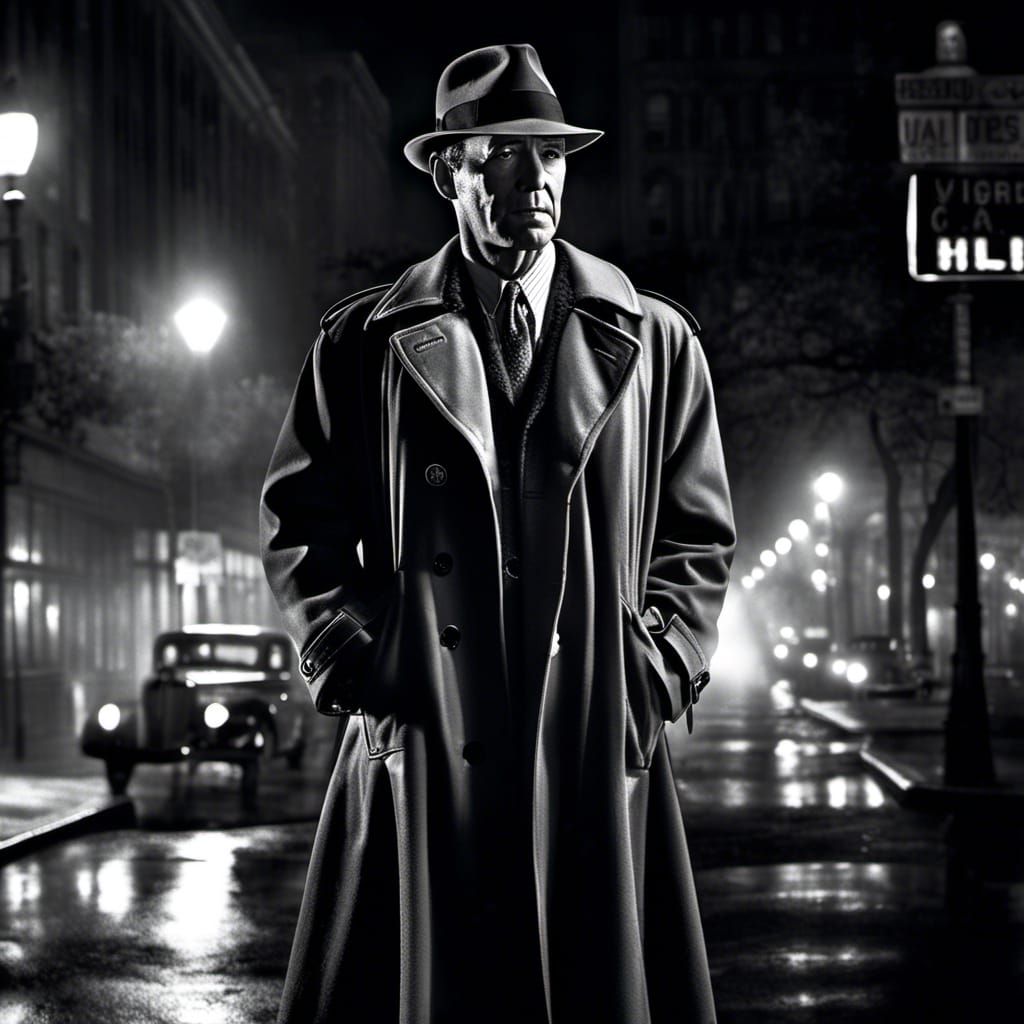 Film Noir Man in City Street, Photorealistic Style