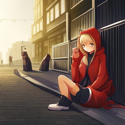 Girl in Hoodie: Anime Style Cityscape at Golden Hour