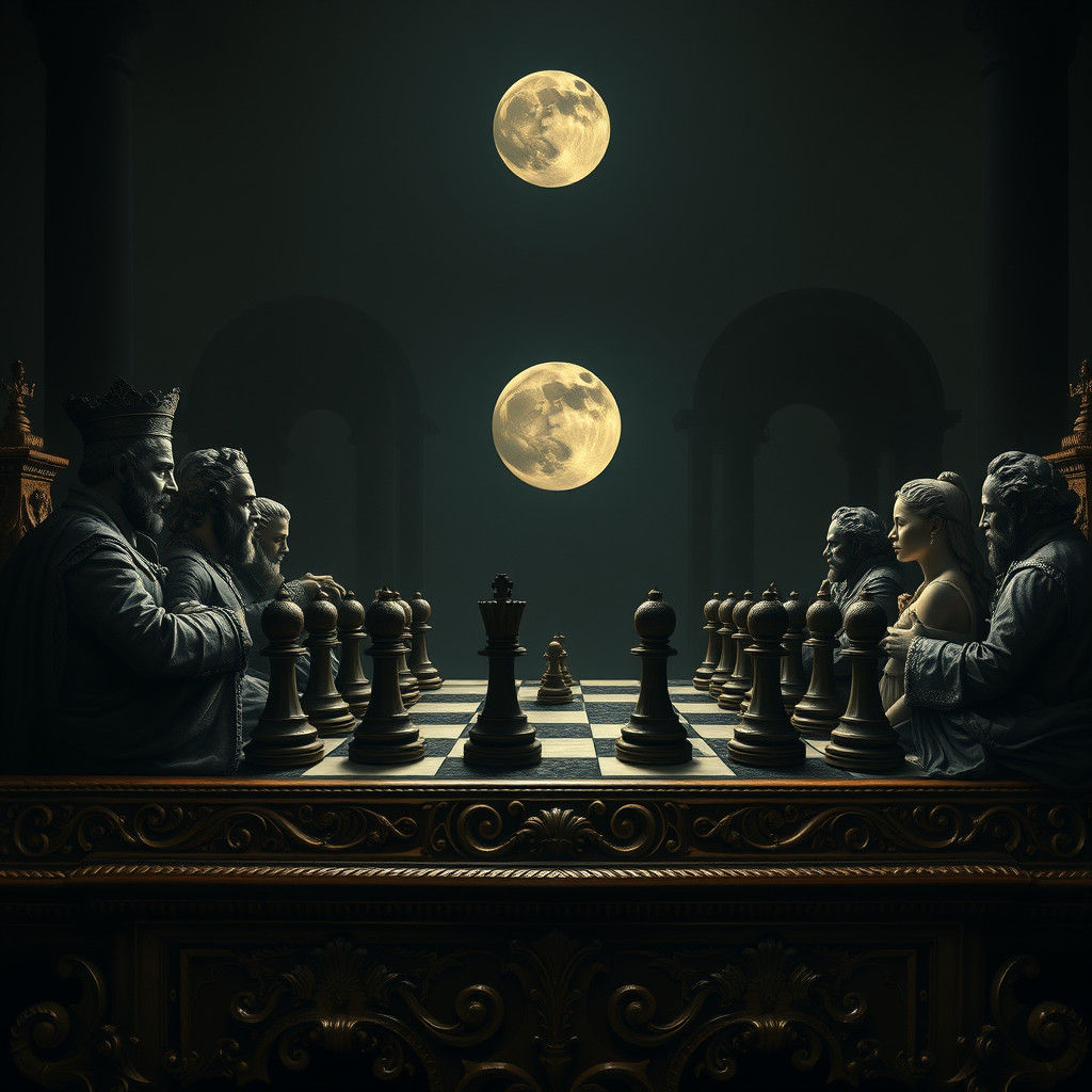 Ornate Chess Table with Dramatic Figures in Baroque Style
