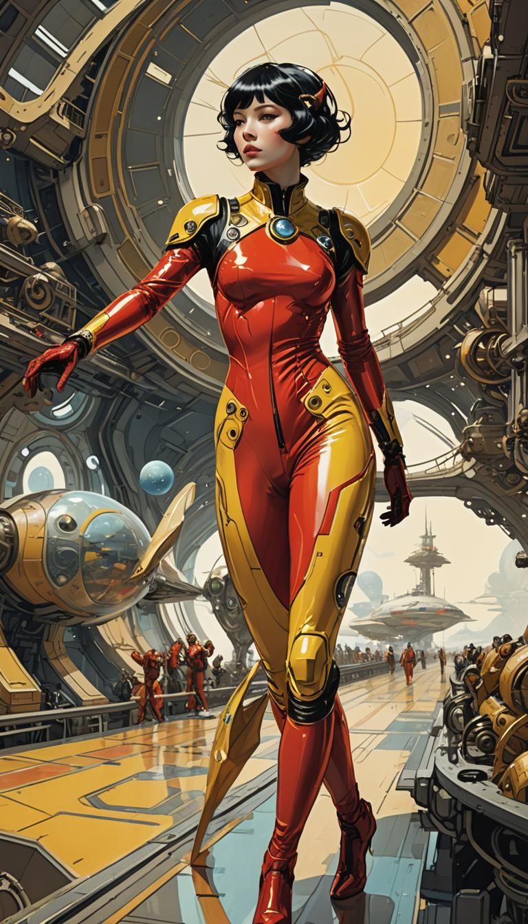 Spaceport Scene with Woman in Mucha Style