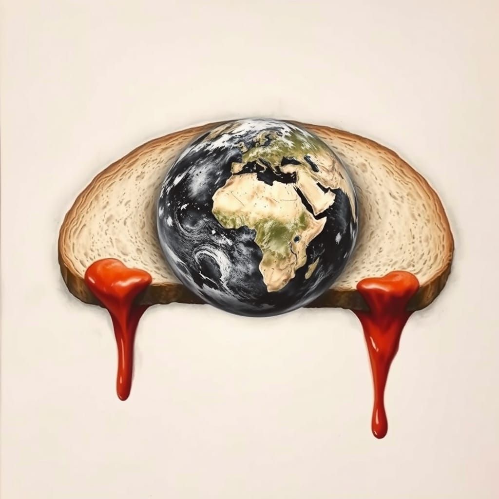 Earth Between Bread Slices in a Surreal Charcoal Drawing