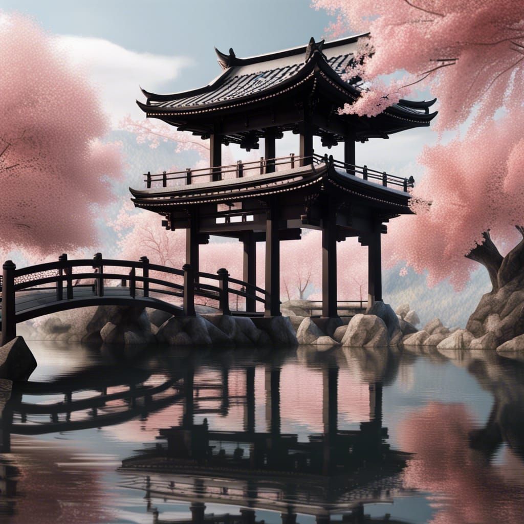 Hyperrealistic Japanese Temple with Cherry Blossoms