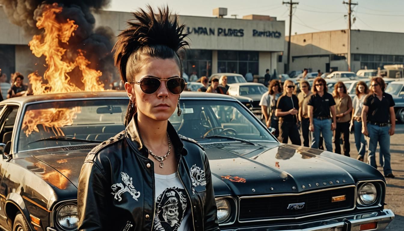 Punk Rocker and Burning Car, Hyperrealistic Image