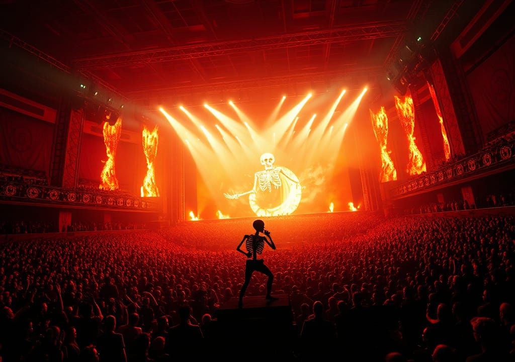 Skeleton Rock Star on Burning Concert Stage