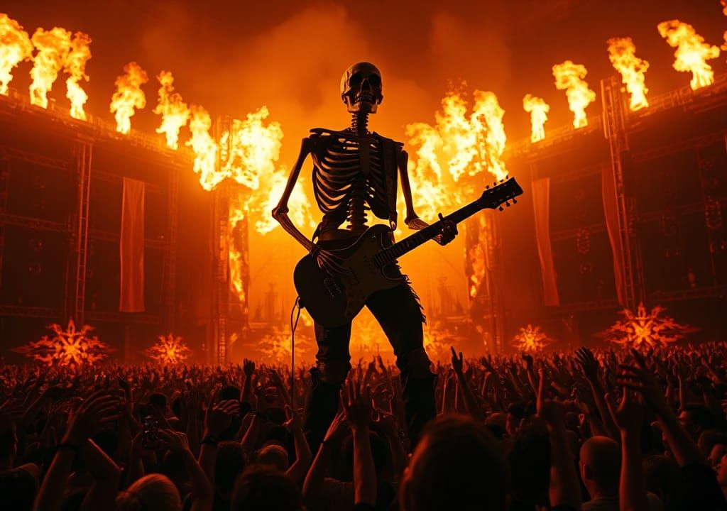 Skeleton Rock Star Ignites Fiery Concert Stage